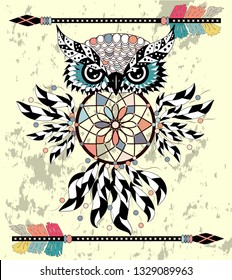 Boho style colored owl with tribal arrows. Bohemian tribal owl with a dream catcher. Totem owl.