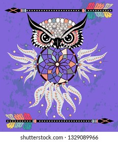 Boho style colored owl with tribal arrows. Bohemian tribal owl with a dream catcher. Totem owl.
