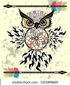 Boho style colored owl with tribal arrows. Bohemian tribal owl with a dream catcher. Totem owl.