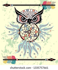 Boho style colored owl with tribal arrows. Bohemian tribal owl with a dream catcher. Totem owl.