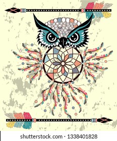 Boho style colored owl with tribal arrows. Bohemian tribal owl with a dream catcher. Totem owl.