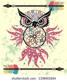 Boho style colored owl with tribal arrows. Bohemian tribal owl with a dream catcher. Totem owl.