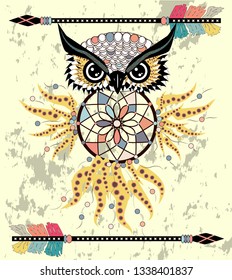 Boho style colored owl with tribal arrows. Bohemian tribal owl with a dream catcher. Totem owl.