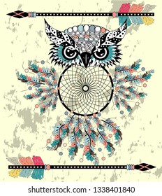 Boho style colored owl with tribal arrows. Bohemian tribal owl with a dream catcher. Totem owl.