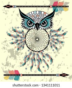 Boho style colored owl with tribal arrows. Bohemian tribal owl with a dream catcher. Totem owl.