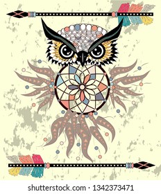 Boho style colored owl with tribal arrows. Bohemian tribal owl with a dream catcher. Totem owl.