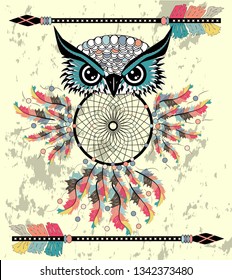 Boho style colored owl with tribal arrows. Bohemian tribal owl with a dream catcher. Totem owl.