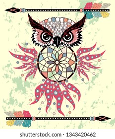Boho style colored owl with tribal arrows. Bohemian tribal owl with a dream catcher. Totem owl.