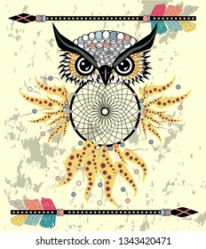 Boho style colored owl with tribal arrows. Bohemian tribal owl with a dream catcher. Totem owl.