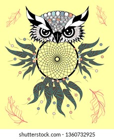 Boho style colored owl with tribal arrows. illustration. Bohemian tribal owl with a dream catcher. Totem owl