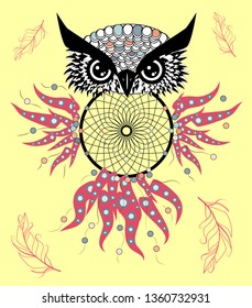 Boho style colored owl with tribal arrows. illustration. Bohemian tribal owl with a dream catcher. Totem owl
