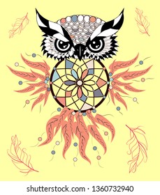Boho style colored owl with tribal arrows. illustration. Bohemian tribal owl with a dream catcher. Totem owl