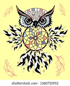 Boho style colored owl with tribal arrows. illustration. Bohemian tribal owl with a dream catcher. Totem owl