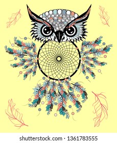 Boho style colored owl with tribal arrows. illustration. Bohemian tribal owl with a dream catcher. Totem owl