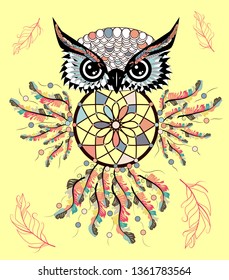 Boho style colored owl with tribal arrows. illustration. Bohemian tribal owl with a dream catcher. Totem owl