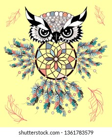 Boho style colored owl with tribal arrows. illustration. Bohemian tribal owl with a dream catcher. Totem owl