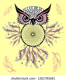 Boho style colored owl with tribal arrows. illustration. Bohemian tribal owl with a dream catcher. Totem owl