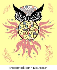 Boho style colored owl with tribal arrows. illustration. Bohemian tribal owl with a dream catcher. Totem owl
