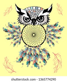 Boho style colored owl with tribal arrows. illustration. Bohemian tribal owl with a dream catcher. Totem owl
