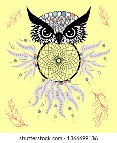 Boho style colored owl with tribal arrows. illustration. Bohemian tribal owl with a dream catcher. Totem owl