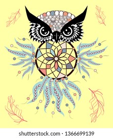 Boho style colored owl with tribal arrows. illustration. Bohemian tribal owl with a dream catcher. Totem owl