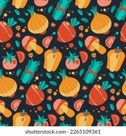 Boho style colorful floral seamless pattern in 70s, hippie, groovy aesthetics.
Funky onion, asparagus, tomato, pepper, mushroom, root on dark background.
Colorful design for print, fashion purposes