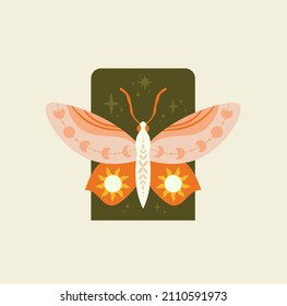 Boho style composition. Bright butterfly on background of dark green triangle. Mysterious and ritual signs. Abstract images, elusive energy and connection with space. Cartoon flat vector illustration