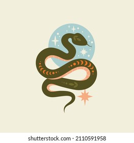 Boho style composition. Snake in ball, sky, mysticism and esotericism. Astrology, religious figures. Abstract picture and badge for protection from evil spirits. Cartoon flat vector illustration