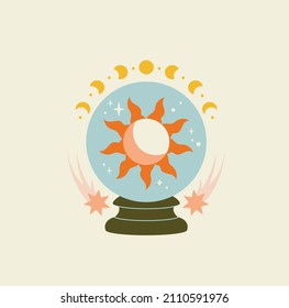 Boho style composition. Sun against background of starry sky. Abstract and religious images. Phase of moon, astrology, mysticism, witchcraft and esotericism. Cartoon flat vector illustration