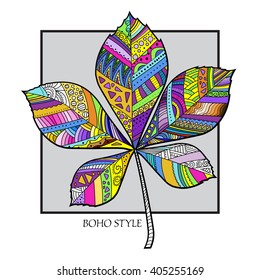 Boho style cover. Page of coloring book for adults.Black and white. Chestnut leaf. Colorful fall.Cover for greeting card, advertisement, branding.