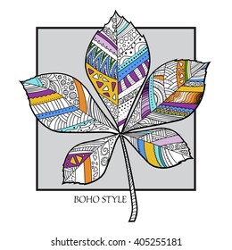 Boho style cover. Page of coloring book for adults.
Black and white. Chestnut leaf. Colorful fall.
Cover for greeting card, advertisement, branding.