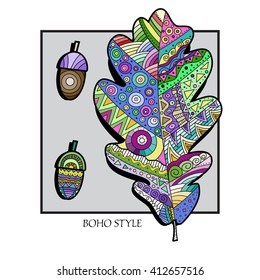 Boho style cover. Page of coloring book for adults. Black and white. Oak leaf. Colorful fall. Cover for greeting card, advertisement, branding.