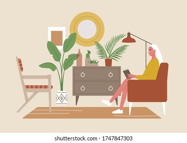 Boho style cozy interior full of details, a young female character reading a book sitting in a chair, millennial lifestyle