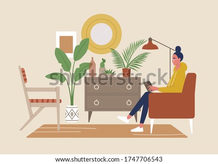 Boho style cozy interior full of details, a young female character reading a book sitting in a chair, millennial lifestyle