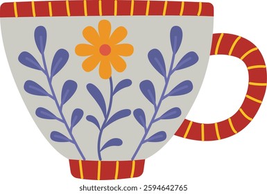 Boho style cup isolated on white. Cute element of dishes with a botanical pattern