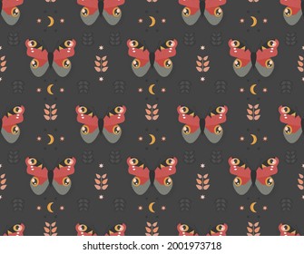 Boho style dark repeated print with nice stylized peacock butterfly. Decorative moon and herbal elements, stars. Lovely fresh and nice pattern with calm soft color palette.
