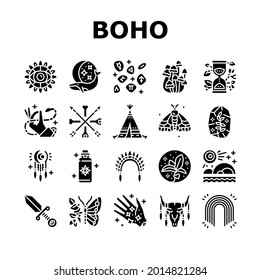 Boho Style Decoration Collection Icons Set Vector. Butterfly And Insect, Dreamcatcher And Stone, Mushrooms And Plant, Dagger And Hourglass Boho Ornament Glyph Pictograms Black Illustrations
