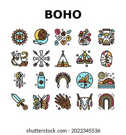 Boho Style Decoration Collection Icons Set Vector. Butterfly And Insect, Dreamcatcher And Stone, Mushrooms And Plant, Dagger And Hourglass Boho Ornament Line Pictograms. Contour Color Illustrations
