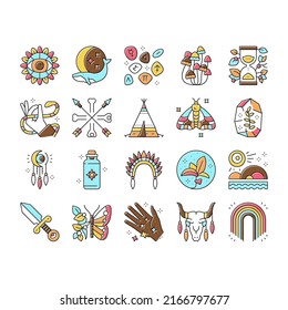 Boho Style Decoration Collection Icons Set Vector. Butterfly And Insect, Dreamcatcher And Stone, Mushrooms And Plant, Dagger And Hourglass Boho Ornament Line Pictograms. Contour Color Illustrations