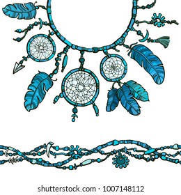 Diseño de decoración de estilo boho para camisetas de cuello, blusas.  Cazador de sueños indio azul y verde. Borde sin costuras hecho de cuentas. Ilustración vectorial dibujada a mano aislada sobre fondo blanco.