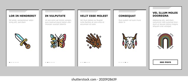 Boho Style Decoration Onboarding Mobile App Page Screen Vector. Butterfly And Insect, Dreamcatcher And Stone, Mushrooms And Plant, Dagger And Hourglass Boho Ornament Illustrations
