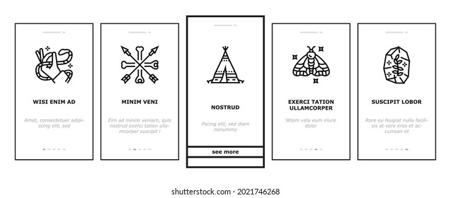 Boho Style Decoration Onboarding Mobile App Page Screen Vector. Butterfly And Insect, Dreamcatcher And Stone, Mushrooms And Plant, Dagger And Hourglass Boho Ornament Illustrations