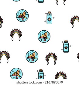 Boho Style Decoration Vector Seamless Pattern Thin Line Illustration