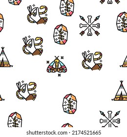 Boho Style Decoration Vector Seamless Pattern Thin Line Illustration