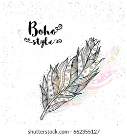 Boho style decorative feather design, Creative hand drawn element.