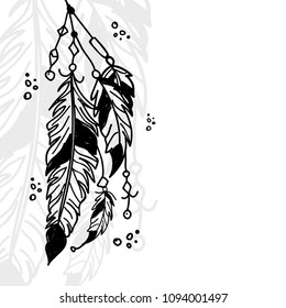 Boho Style Decorative Hanging Feathers Design Background.