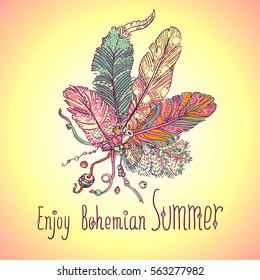 Boho style design for card, invitation, party poster . Free hand drawing of feathers with beads. Lettering Enjoy Bohemian Summer.