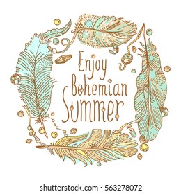 Boho style design for card, invitation, party poster . Free hand drawing of feathers with beads. Lettering Enjoy Bohemian Summer.