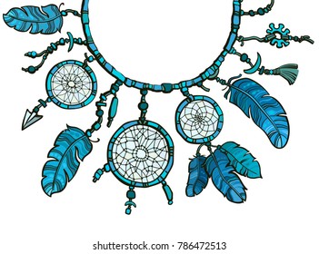 Boho style design for collar t-shirts, shirts, blouses. Native american indian dream catcher. Hand drawn vector illustration isolated on white background.