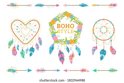 Boho style design element set. Bohemian wedding decor elements. Dreamcatcher with feathers, floral wreath. Colorful ethnic talisman collection. tribal American Indian, hipster style vector symbols